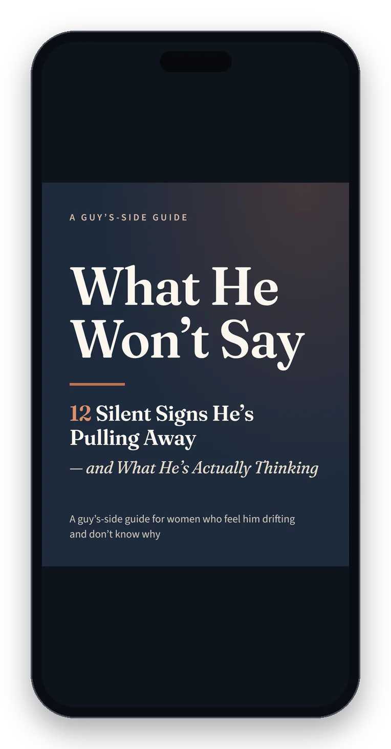 The guide's cover on a phone: What He Won't Say, 12 Silent Signs He's Pulling Away