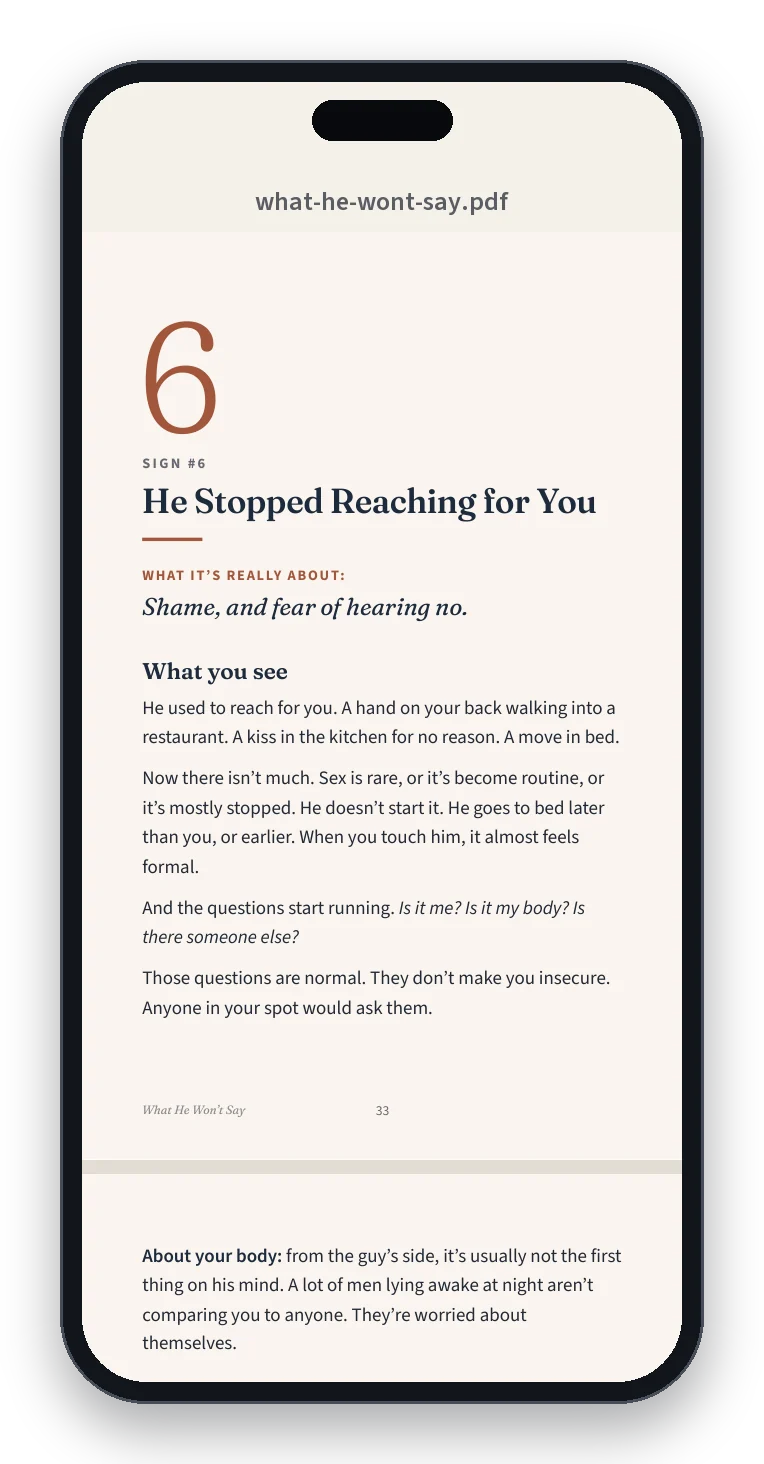 A page from the guide on a phone: Sign #6, He Stopped Reaching for You. What it's really about: shame, and fear of hearing no.